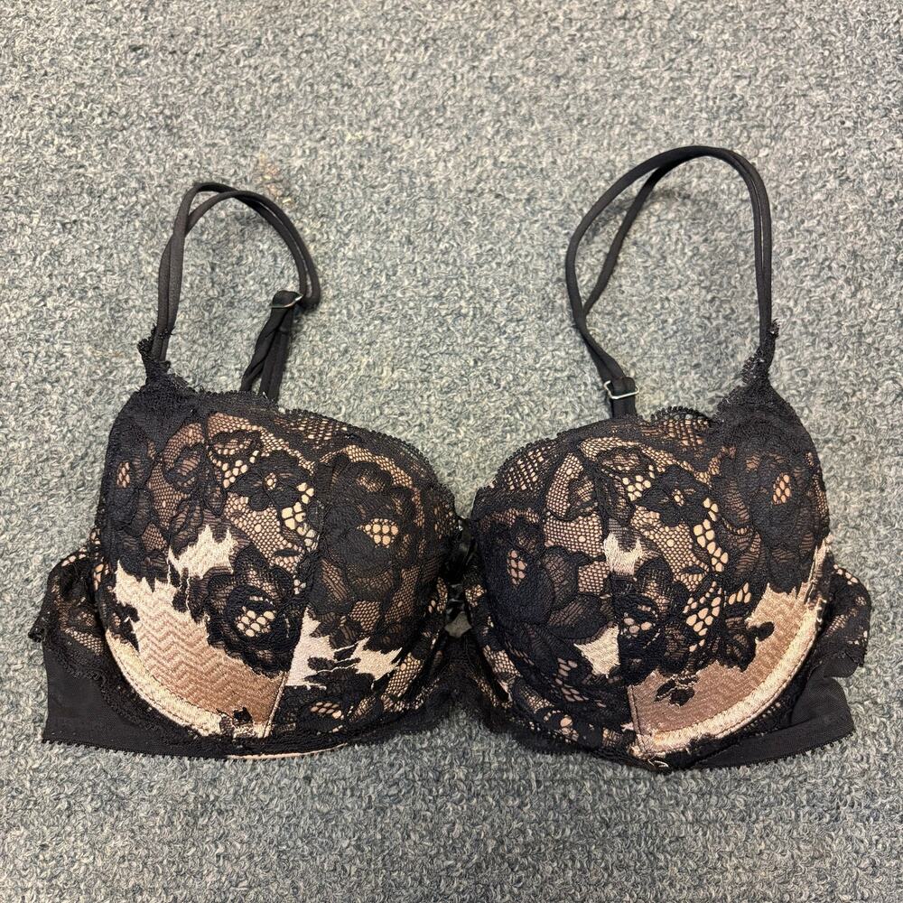Victoria’s Secret Balconette Bra 32C Black Lace Nude Floral Strappy Y2K
